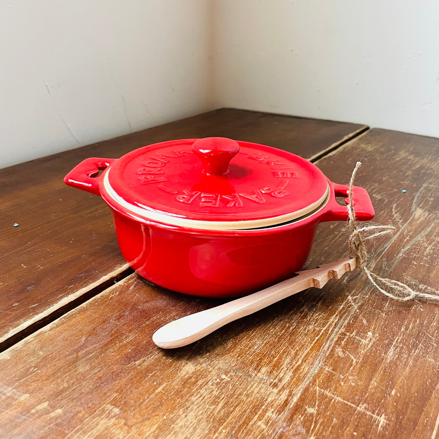 Red Stoneware Brie Baker w/ Wood Tree Shaped Spoon