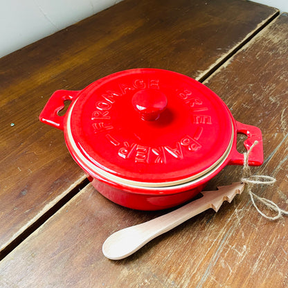 Red Stoneware Brie Baker w/ Wood Tree Shaped Spoon