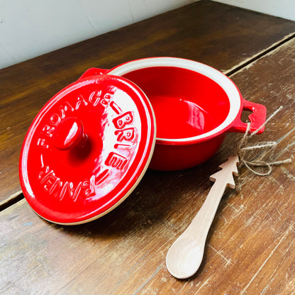 Red Stoneware Brie Baker w/ Wood Tree Shaped Spoon