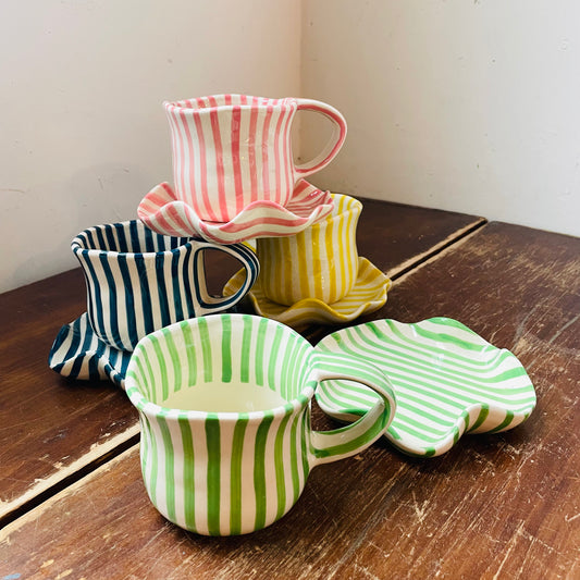 Hand-Painted Striped Mug & Ruffled Saucer