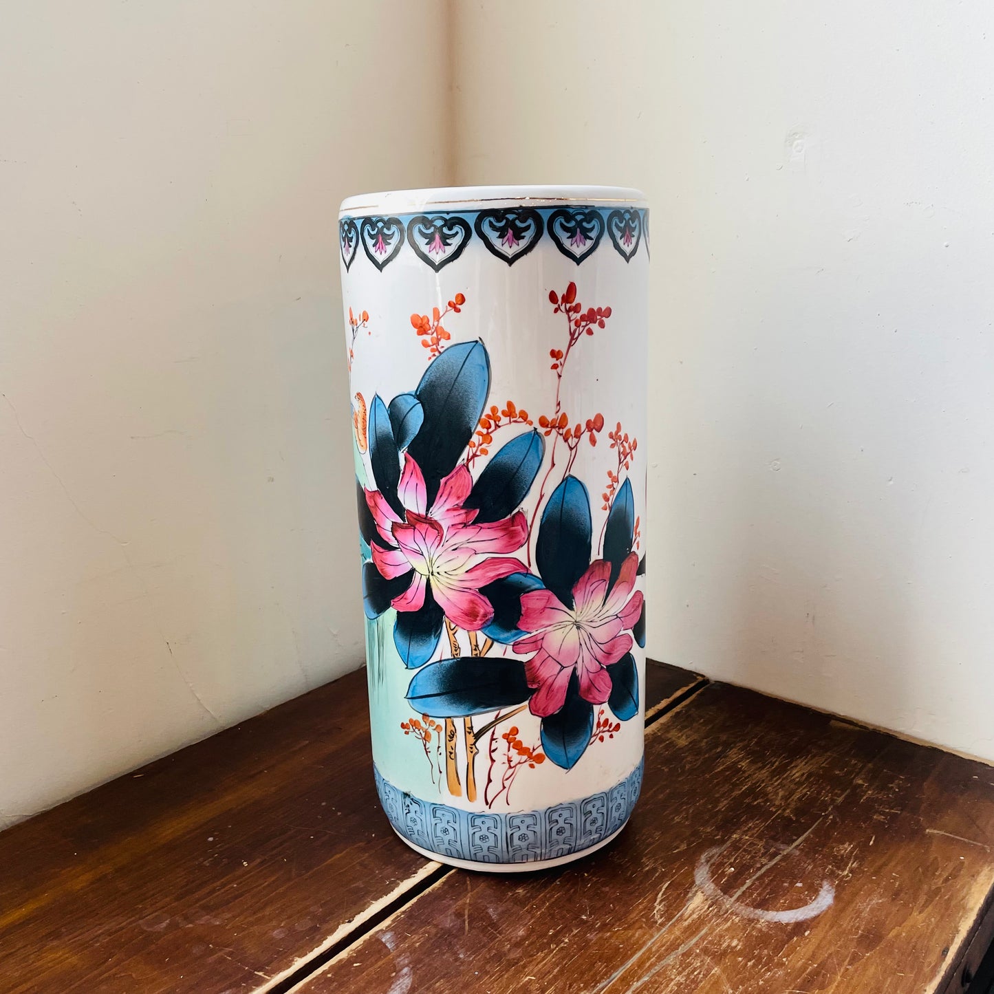 Asian Pheasant & Flower Painted Umbrella Holder- Vintage