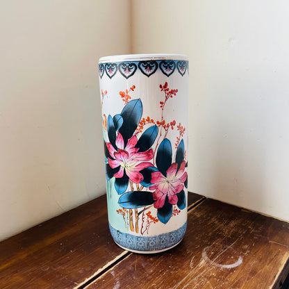 Asian Pheasant & Flower Painted Umbrella Holder- Vintage