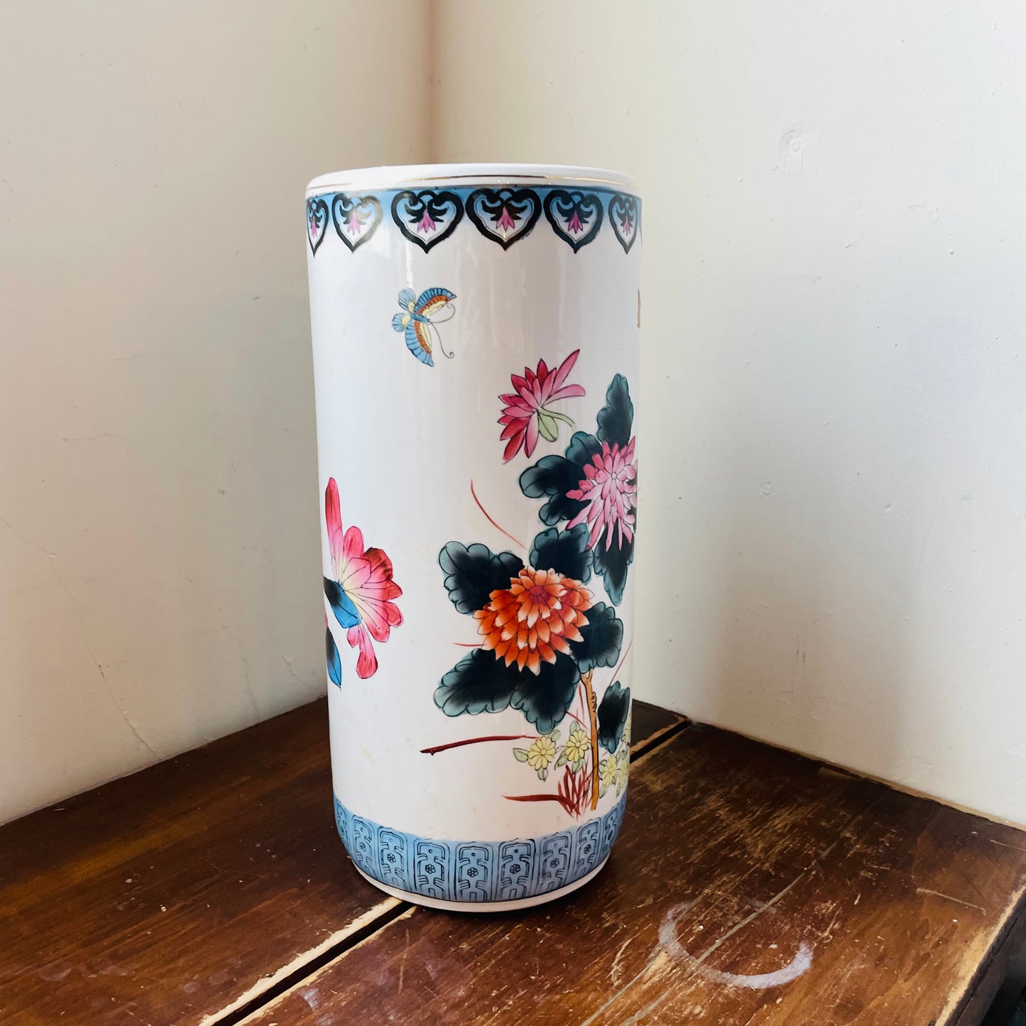 Asian Pheasant & Flower Painted Umbrella Holder- Vintage