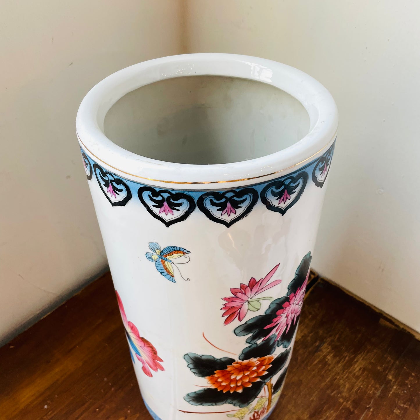 Asian Pheasant & Flower Painted Umbrella Holder- Vintage