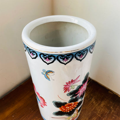 Asian Pheasant & Flower Painted Umbrella Holder- Vintage