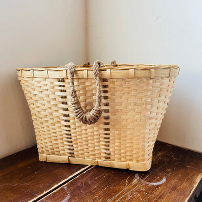 Woven Flat Weave Rope Handled Basket- Vintage