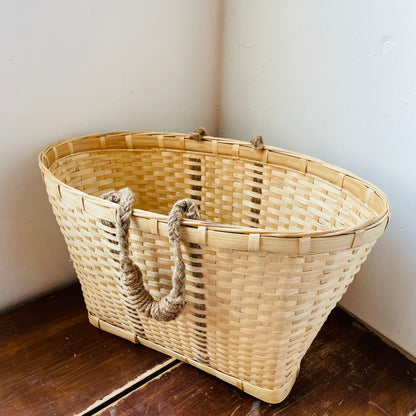 Woven Flat Weave Rope Handled Basket- Vintage