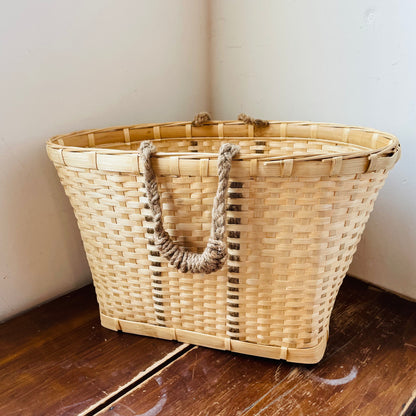 Woven Flat Weave Rope Handled Basket- Vintage