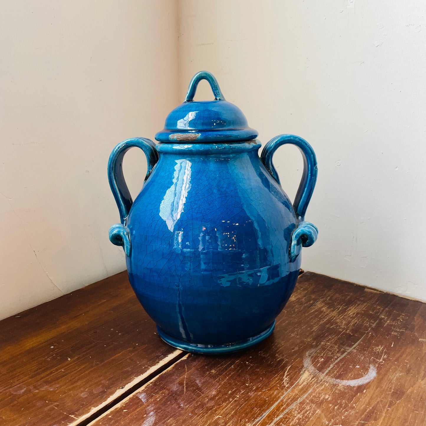 Cyan Glazed Handled & Lidded Urn- Vintage