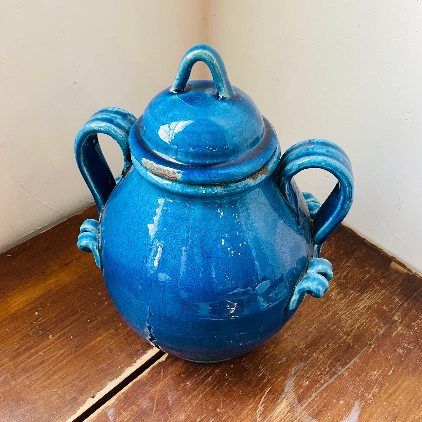 Cyan Glazed Handled & Lidded Urn- Vintage