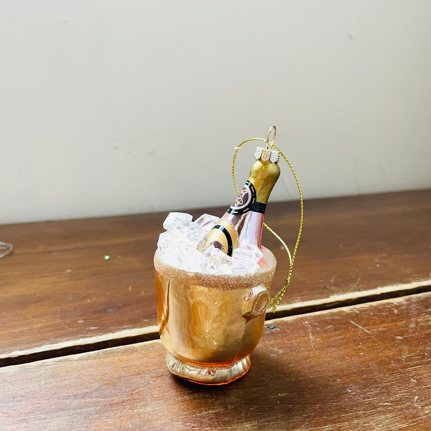 Glass Ice Bucket w/ Champagne Bottle Ornament