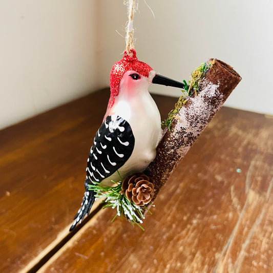 Glass Woodpecker on Branch Ornament