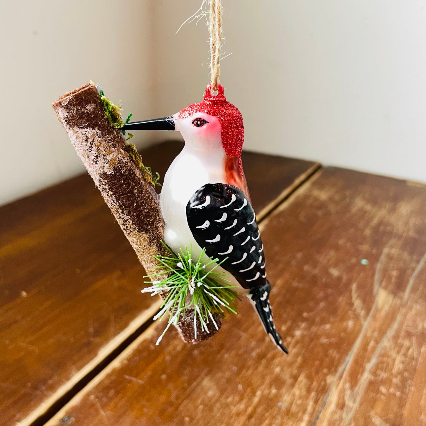 Glass Woodpecker on Branch Ornament