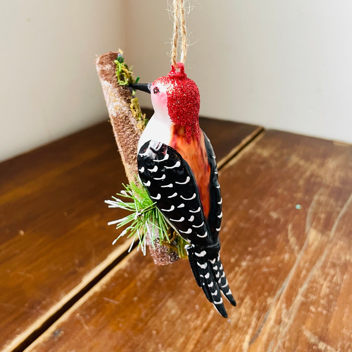 Glass Woodpecker on Branch Ornament