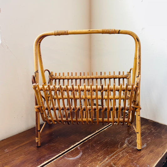 Franco Albini Styled Rattan Bamboo Magazine Rack- Vintage