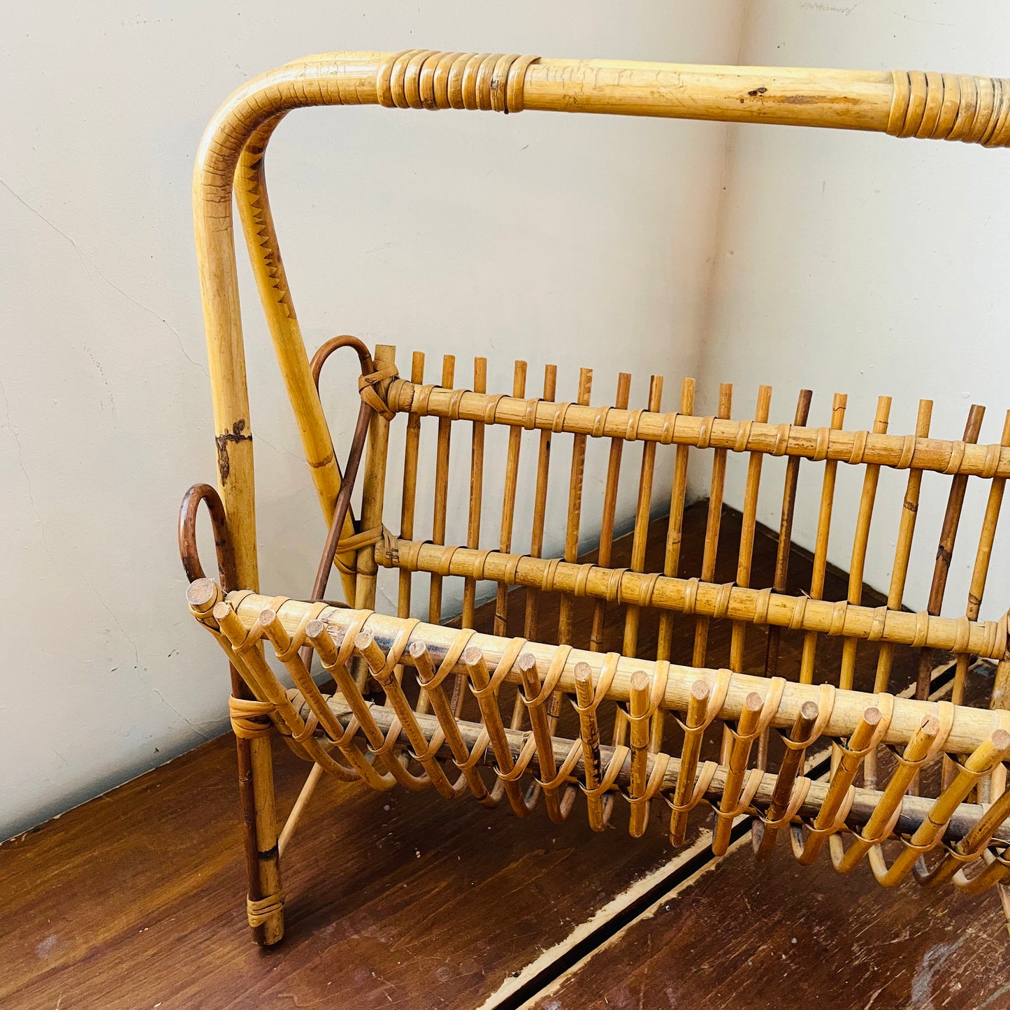 Franco Albini Styled Rattan Bamboo Magazine Rack- Vintage