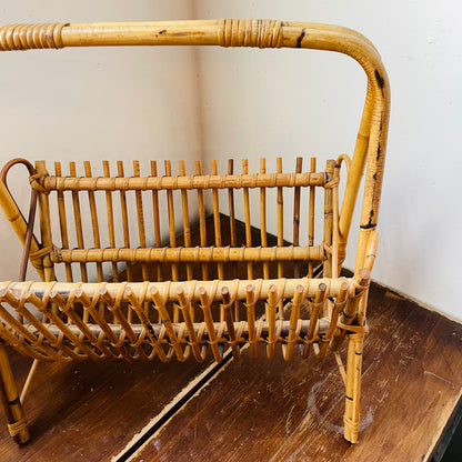 Franco Albini Styled Rattan Bamboo Magazine Rack- Vintage