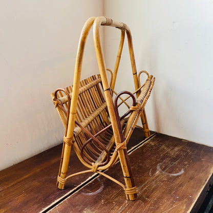 Franco Albini Styled Rattan Bamboo Magazine Rack- Vintage