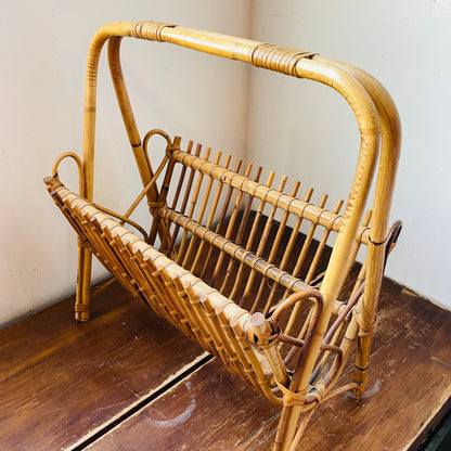 Franco Albini Styled Rattan Bamboo Magazine Rack- Vintage