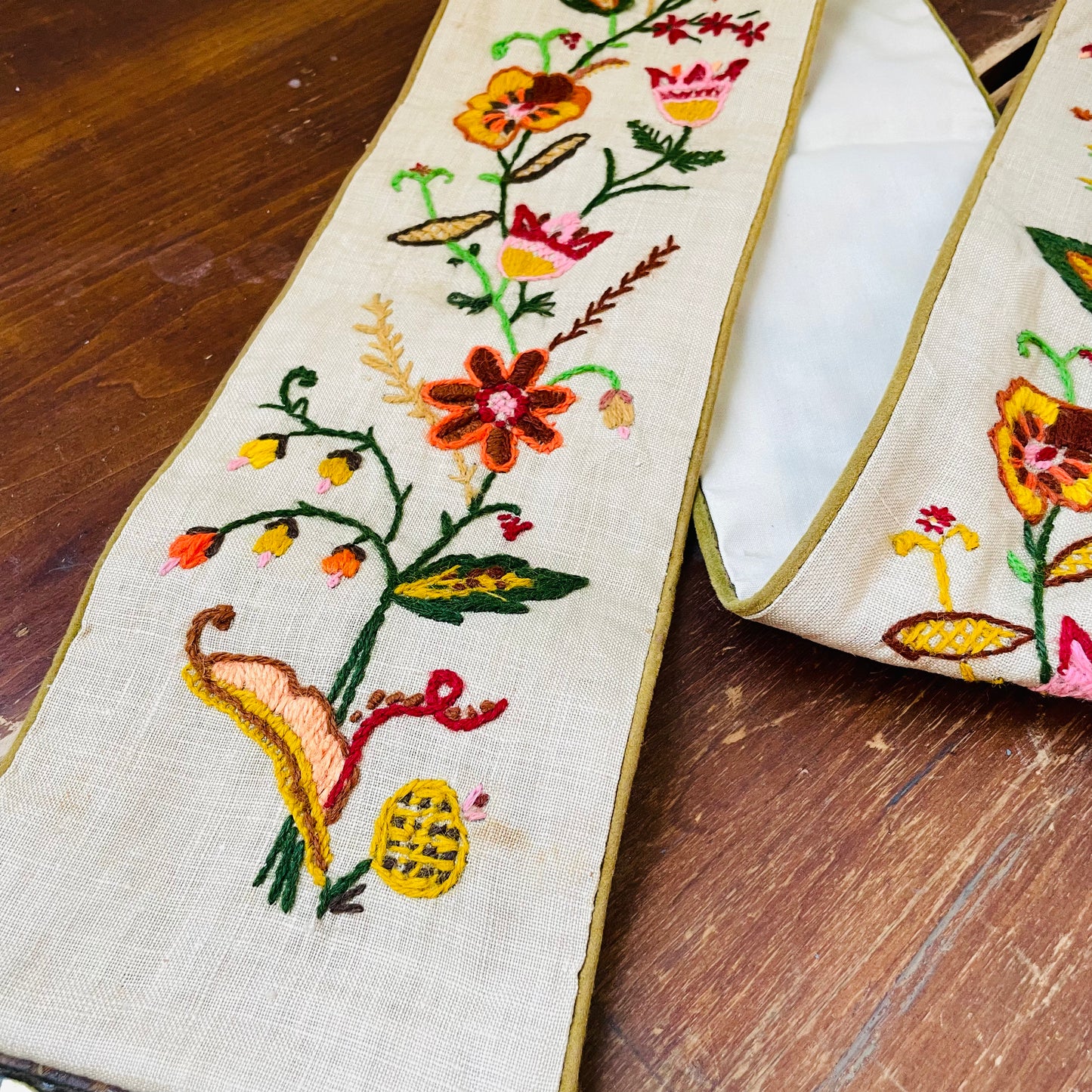 Crewel Embroidered Linen Wall Hanging- Vintage