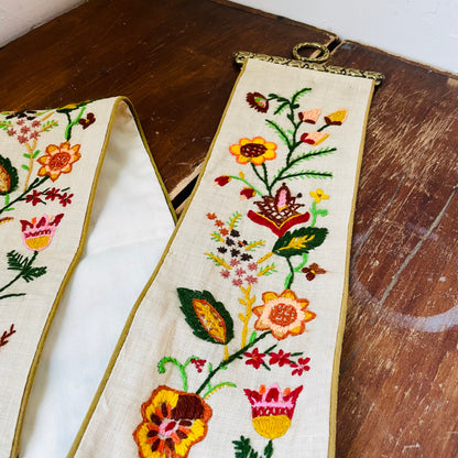 Crewel Embroidered Linen Wall Hanging- Vintage