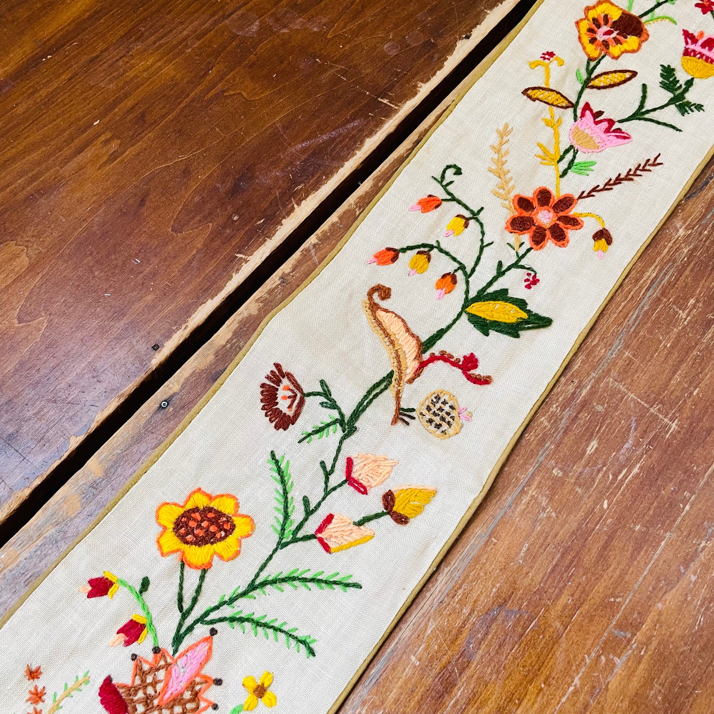 Crewel Embroidered Linen Wall Hanging- Vintage