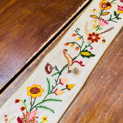 Crewel Embroidered Linen Wall Hanging- Vintage