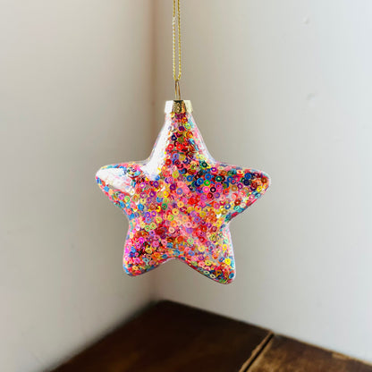 Glass Star Ornament Filled w/ Sequins