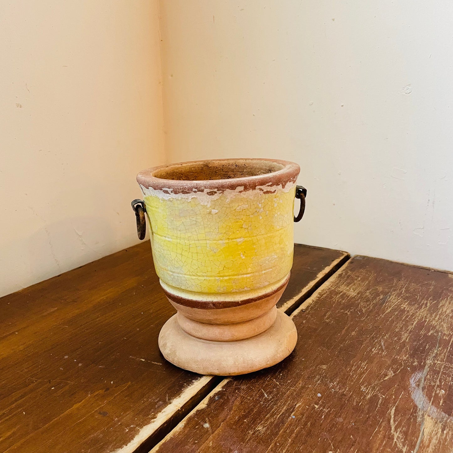 Footed Terracotta Pot with Handles & Yellow Glaze- Vintage