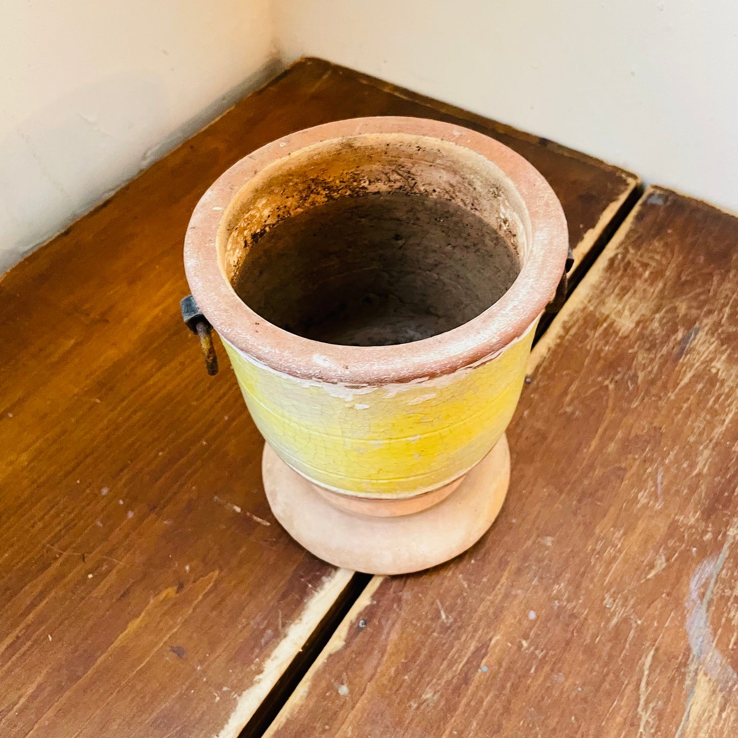 Footed Terracotta Pot with Handles & Yellow Glaze- Vintage