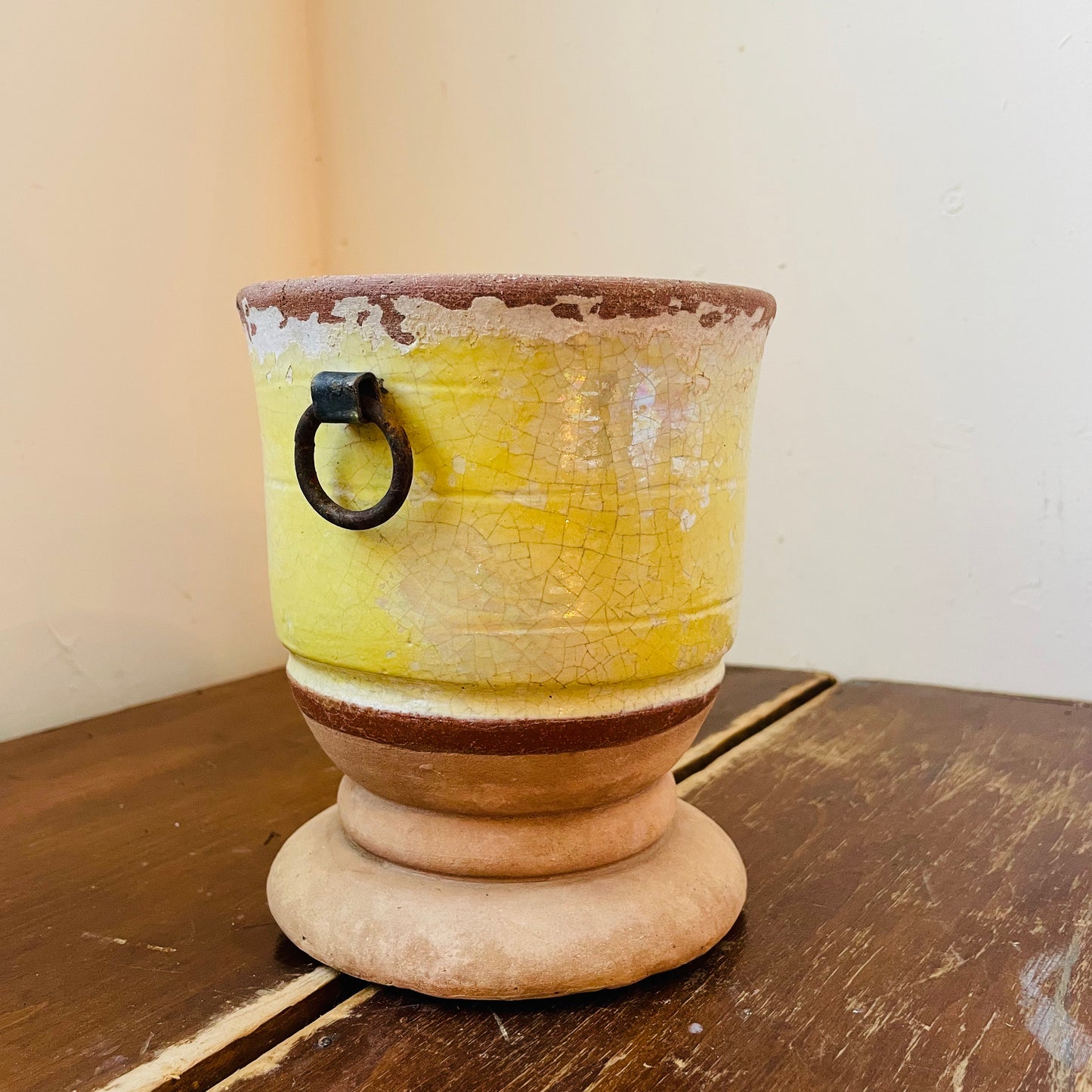 Footed Terracotta Pot with Handles & Yellow Glaze- Vintage