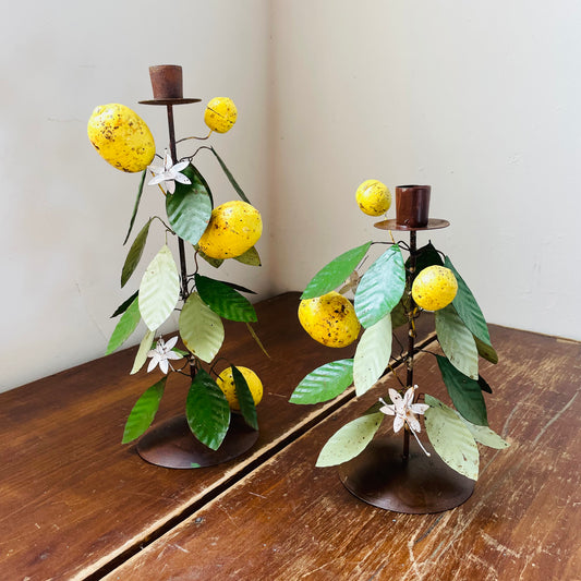 Metal Lemon Tree Toleware Taper Holders- Set of 2