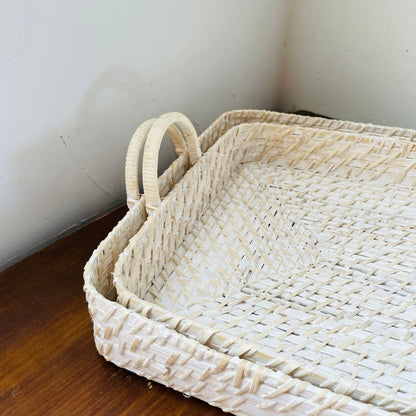 White Hand-Woven Bamboo Tray Set