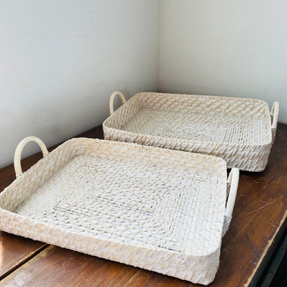 White Hand-Woven Bamboo Tray Set