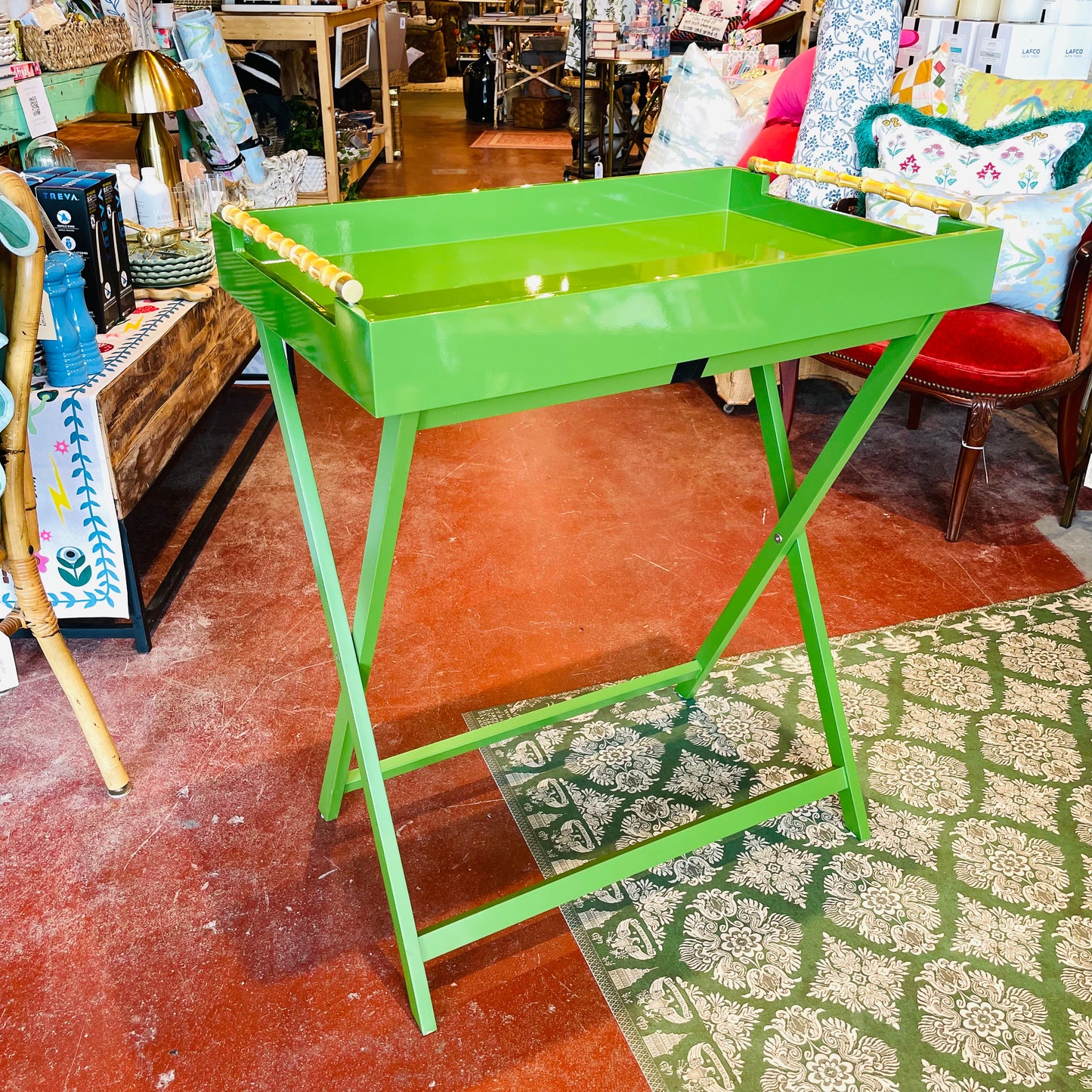 Green Folding Tray Table w/ Bamboo Handles