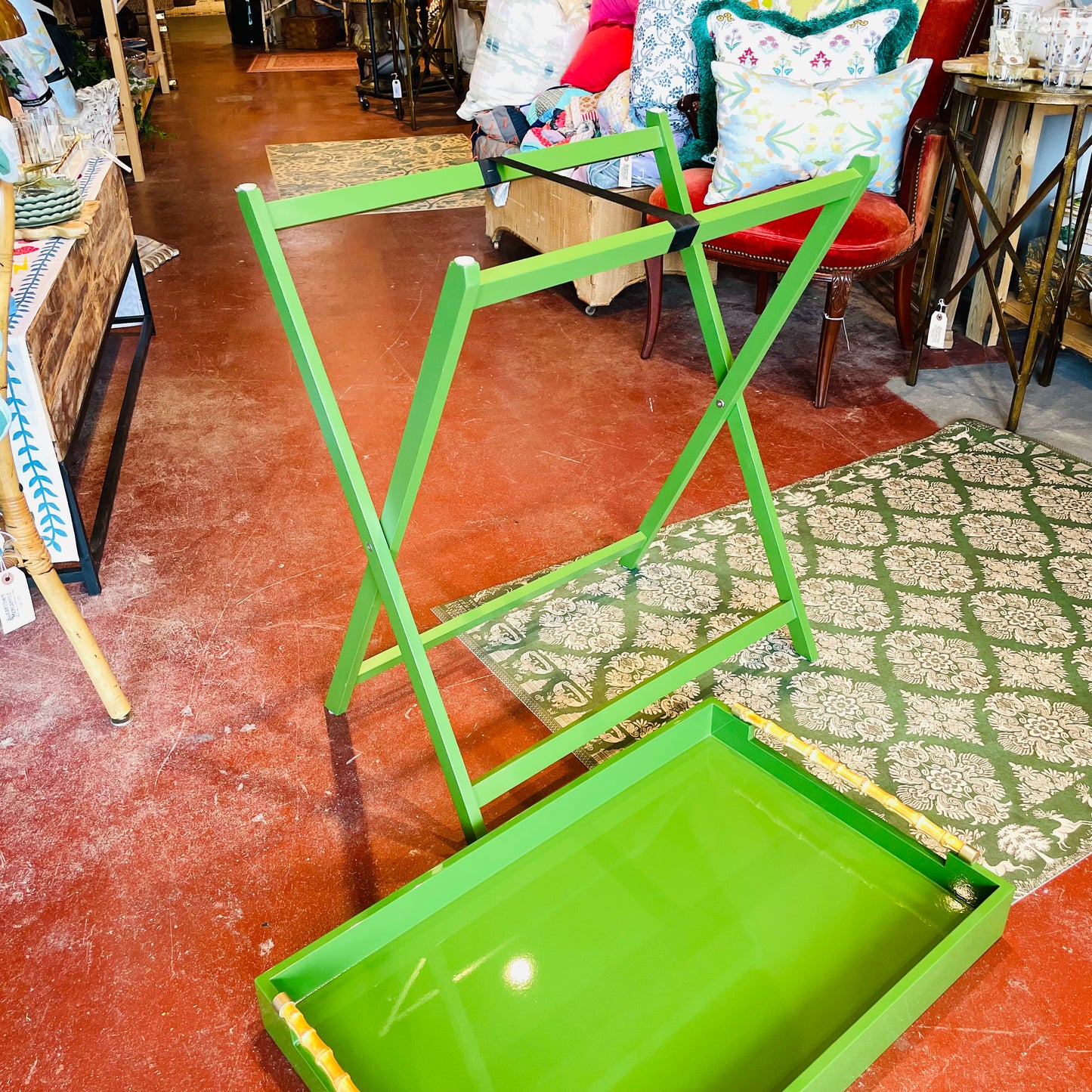 Green Folding Tray Table w/ Bamboo Handles