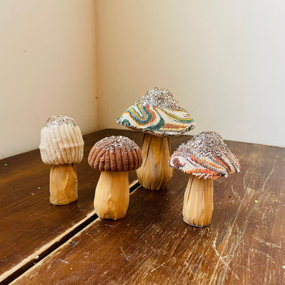 Fabric & Glittered Mushrooms w/ Wood Base- Set of 4