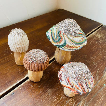 Fabric & Glittered Mushrooms w/ Wood Base- Set of 4