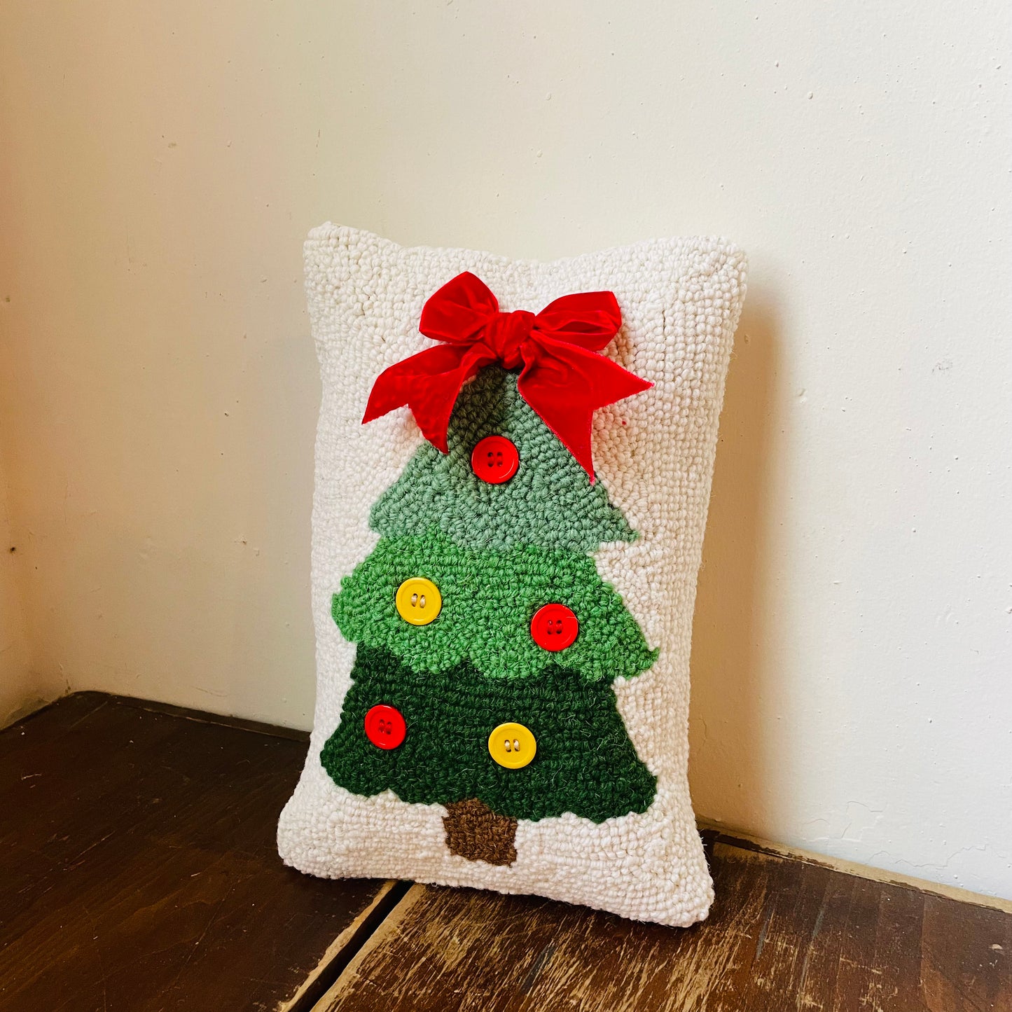 Christmas Tree w/ Ribbon & Buttons Pillow