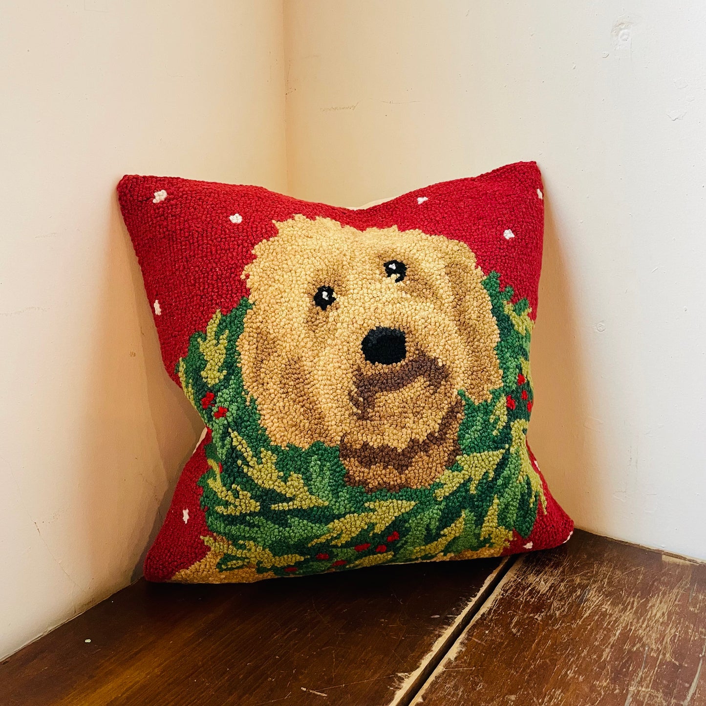 Goldendoodle with Wreath Pillow