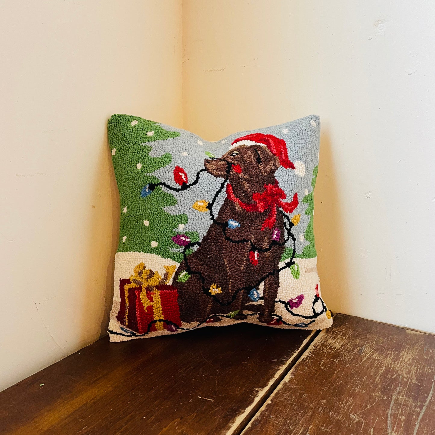 Holiday Chocolate Lab Hook Pillow