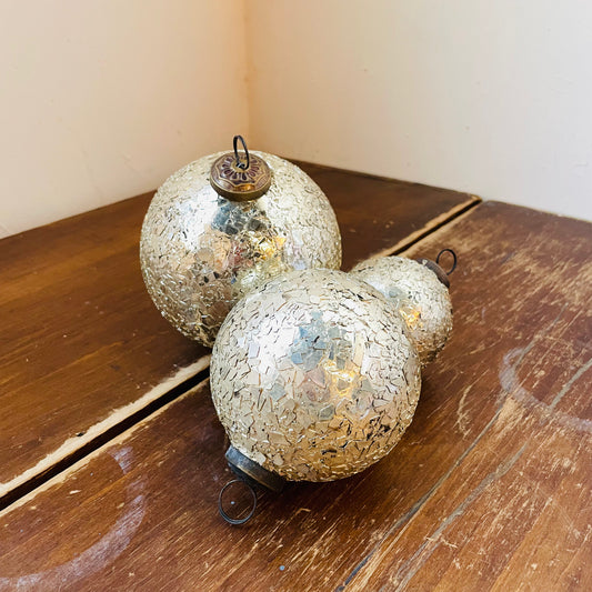 Gold & Silver Crackle Glitter Ball Ornament