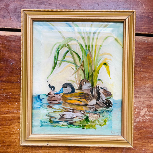 Ducks Painted on Glass Framed Artwork- Vintage