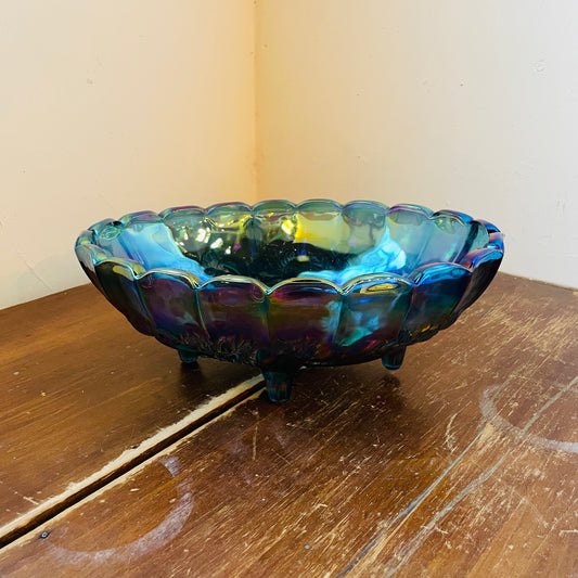 Indiana Blue Carnival Glass Footed Bowl- Vintage
