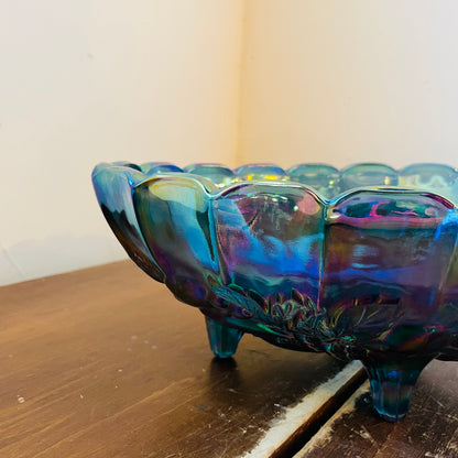 Indiana Blue Carnival Glass Footed Bowl- Vintage