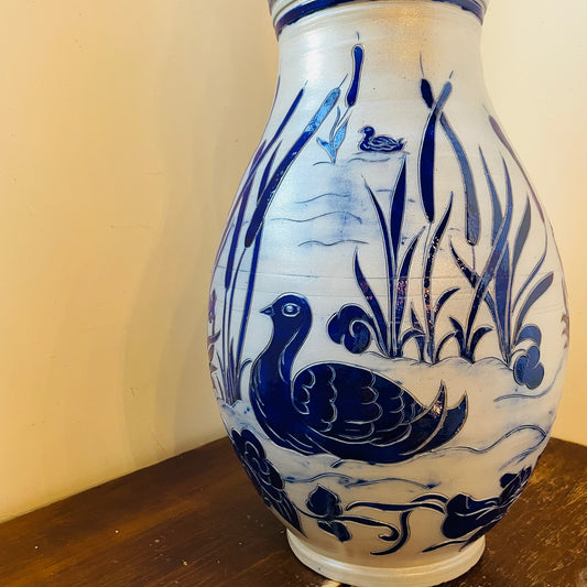 Large Jules Jacquemart Waterfowl Salt Glaze Vase- Antique