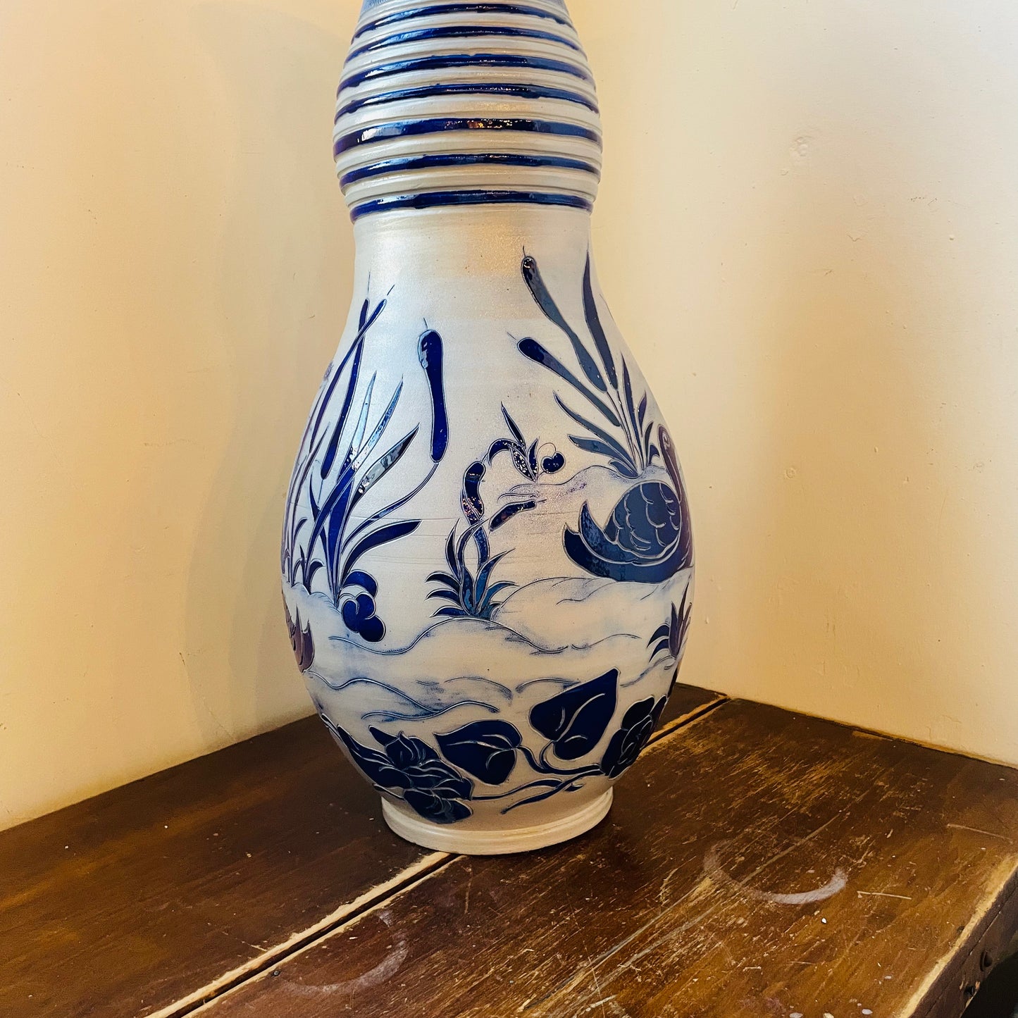Large Jules Jacquemart Waterfowl Salt Glaze Vase- Antique
