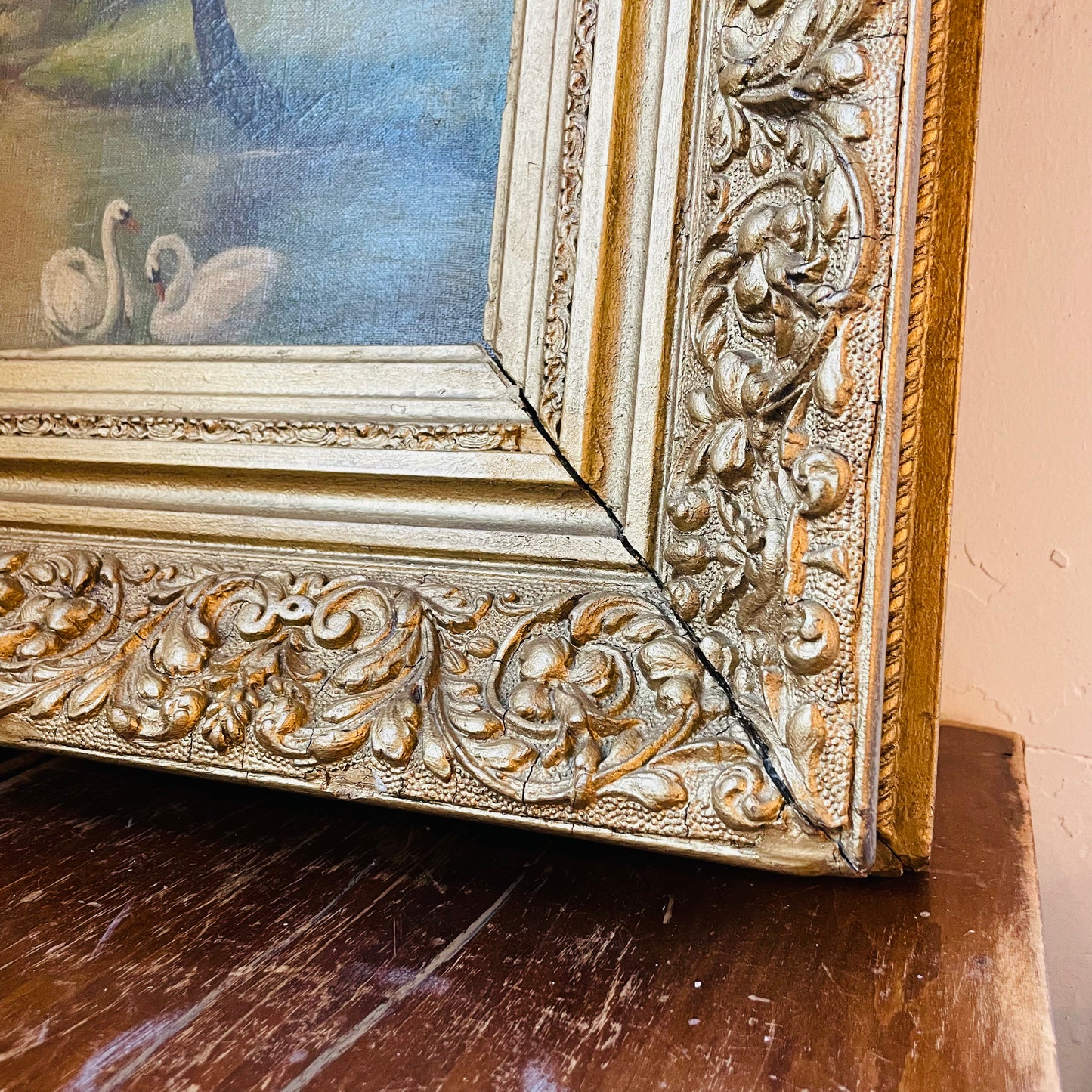 Unsigned Swan Oil Painting in Ornate Heavy Frame- Antique