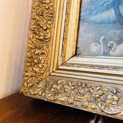 Unsigned Swan Oil Painting in Ornate Heavy Frame- Antique