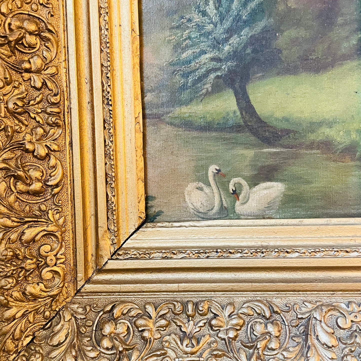 Unsigned Swan Oil Painting in Ornate Heavy Frame- Antique